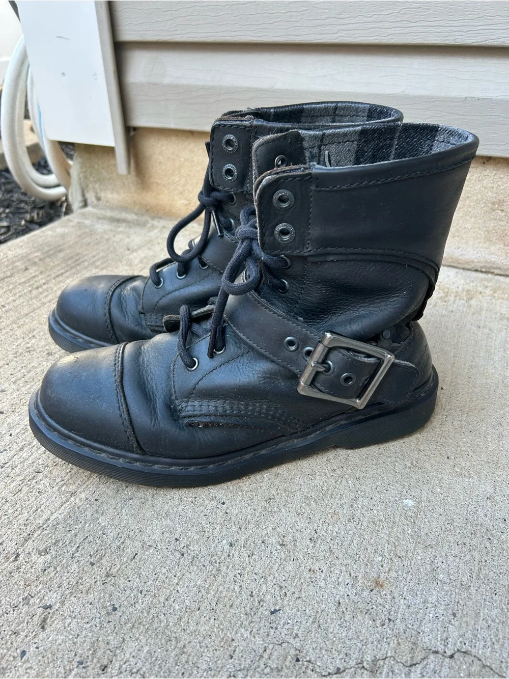 Dr. Martens Triumph 1460 Men Black Leather Lace Combat Boots with Silver Buckle